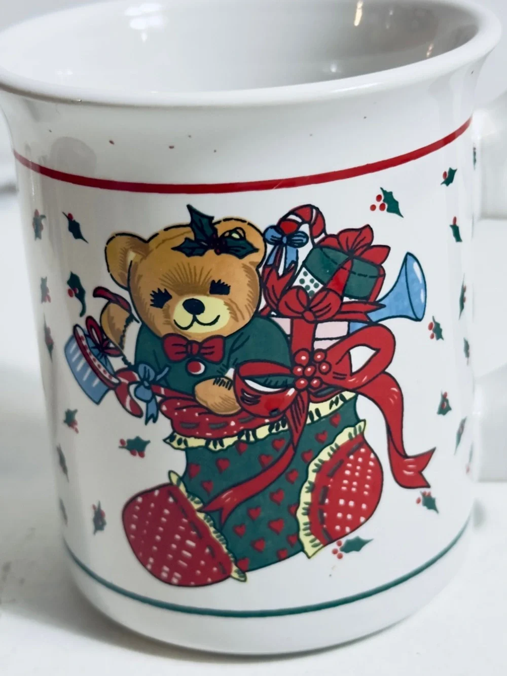 Vintage 80’s Christmas mug Festive Teddy Bear‎ Christmas Stocking Mug